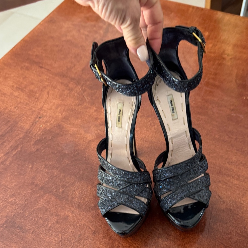 Miu Miu Navy Blue Glitter Platform Ankle-Strap Sandals - Picture 3 of 13